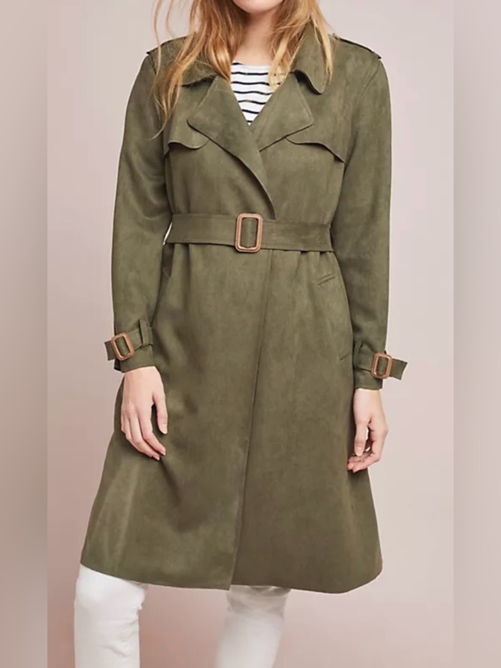 Anthropologie  Olive Green Suede Trench Coat with Belt - Picture 1 of 16